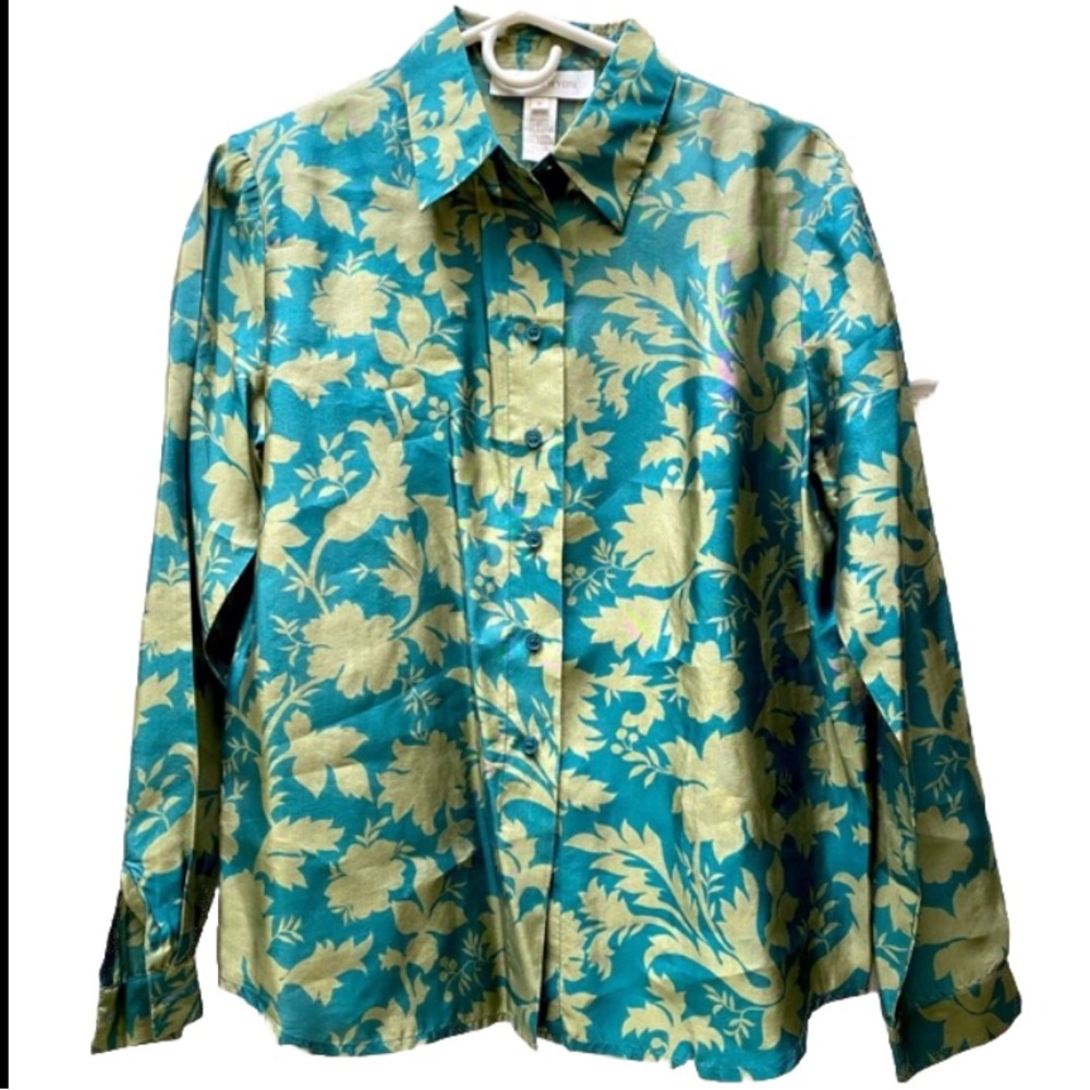JONES NEW YORK | 100% Silk Vintage Button Down Blouse Teal Green Floral Size 8